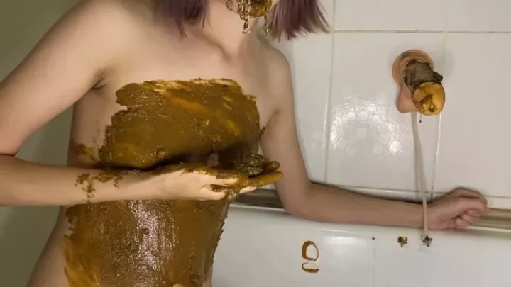 p00girl pooped on dildo stuck to wall and licked with stingray